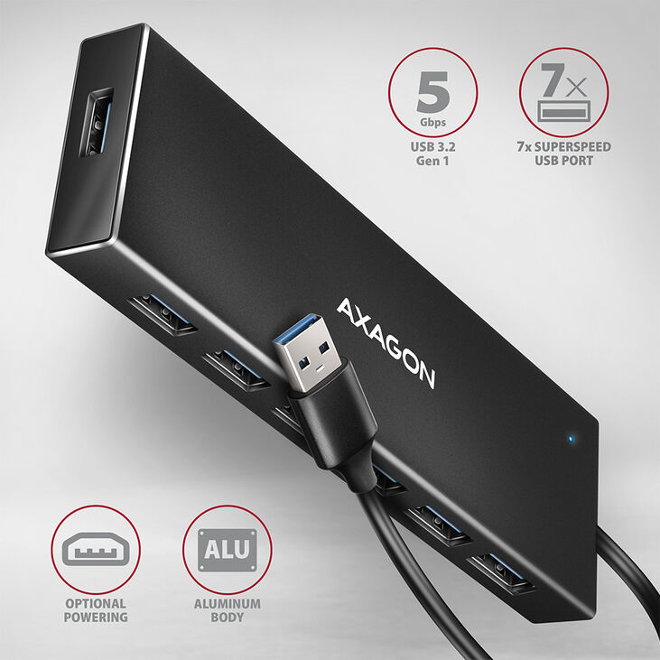 HUB USB AXAGON HUE-F7A 7x USB 3.2 Gen 1 ALU FLAT, micro USB power IN image number 1