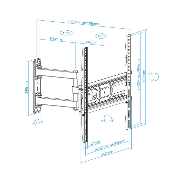 Soporte de Pared Tooq Inclinable 3 Pivotes 32" a 55" Máx. 35kg Negro image number 5