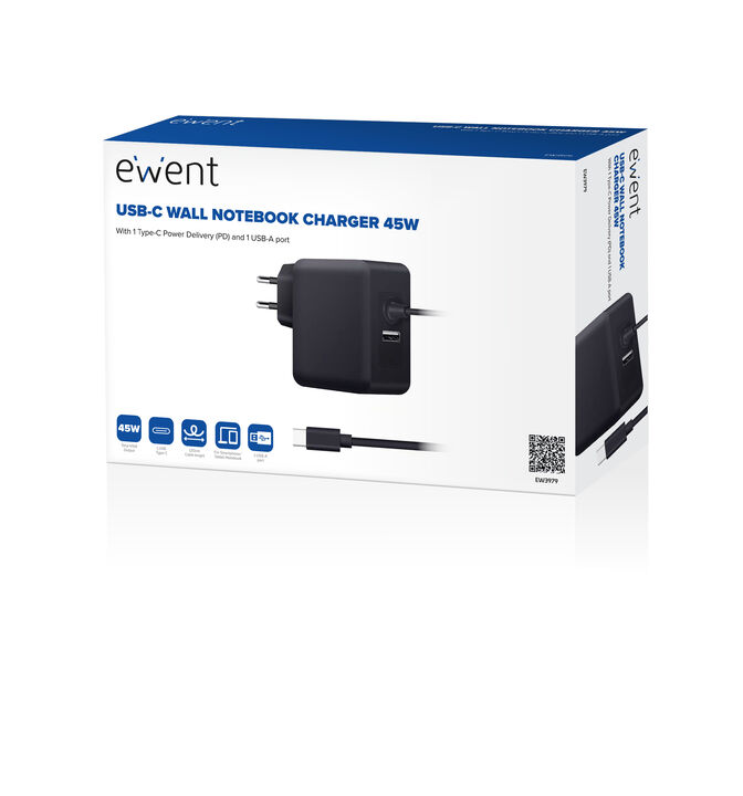 Cargador de Port&aacute;til Ewent USB-C + 1-Puerta USB-A PD 45W Negro image number 2