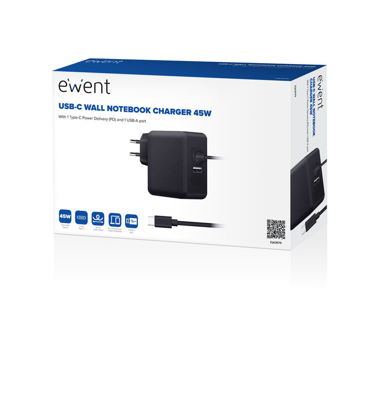 Cargador de Portátil Ewent USB-C + 1-Puerta USB-A PD 45W Negro image number 2