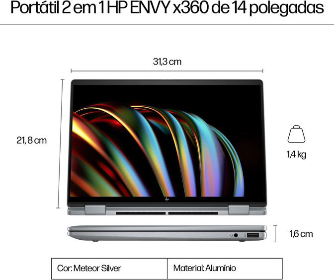 HP Envy x360 2-in-1 Laptop 14-fc0009np Intel Core Ultra 7 155U H&iacute;brido (2-en-1) 35,6 cm (14") Pantalla t&aacute;ctil 2K 16 GB LPDDR5-SDRAM Wi-Fi 7 (802.11be) Windows 11 Home AI PC Plata image number 10