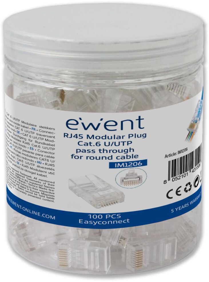Conectores RJ45 Ewent IM1205 Modulares Pass-Through Cat.6 U/UTP Transparentes (Pack-100) image number 0
