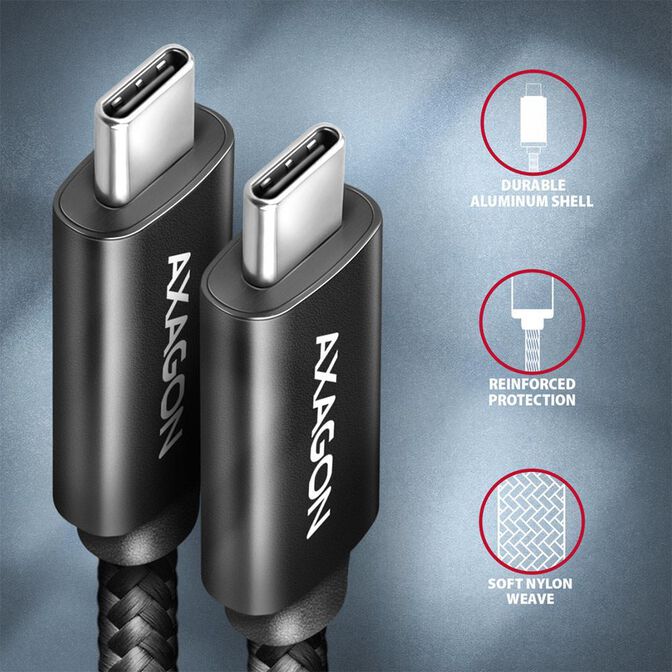 Cable de cargamento AXAGON BUCM432-CM10AB USB-C <-> USB-C, USB4 Gen 3&times;2, 1m, PD 100W, 8K HD, ALU, braid, Negro image number 2