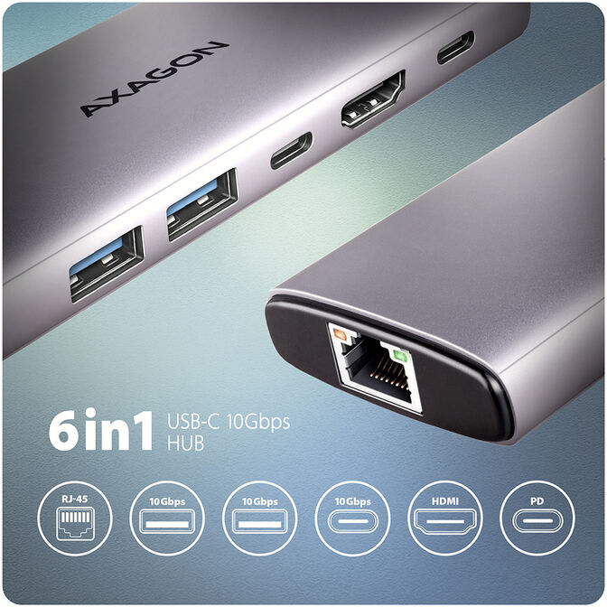 HUB USB-C AXAGON HMC-6G2L 2x USB-A 10Gbps, 1x USB-C 10Gbps, 4K/60Hz HDMI, RJ-45, USB 3.2 Gen 2 hub, PD 100W image number 1