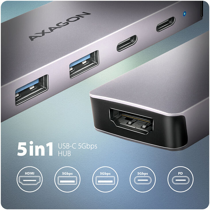 HUB USB-C AXAGON HMC-5H60 USB-C 3.2 Gen 1 hub, 2x USB-A, 1x USB-C, 4K 60Hz HDMI, PD 100W image number 1