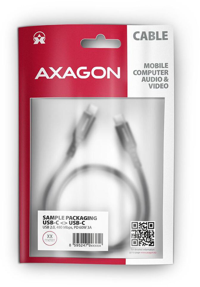 Cable de cargamento AXAGON BUCM-CM20AB cable USB-C  <-> USB-C 2.0, 2m, PD 60W, 3A, ALU, braid, Negro image number 6