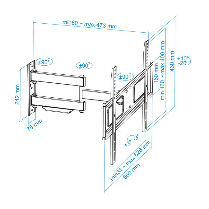 Soporte de Pared Tooq Tilt 3 Pivots 37" a 70" Max. 50kg Negro image number 14