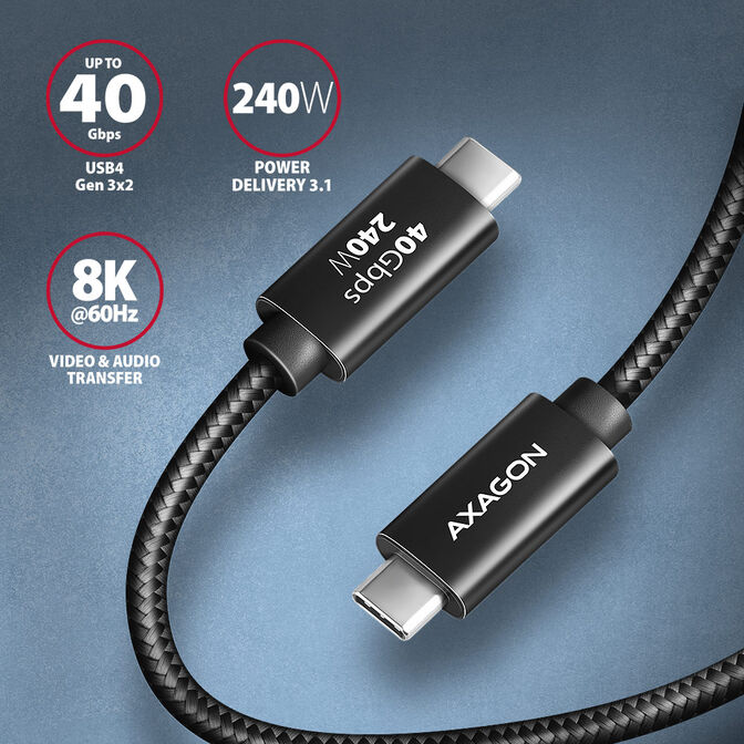 Cable de cargamento AXAGON BUCM4X-CM10AB USB-C <-> USB-C, USB4 Gen 3&times;2, 1m, PD 240W, 8K HD, ALU, braid, Negro image number 1