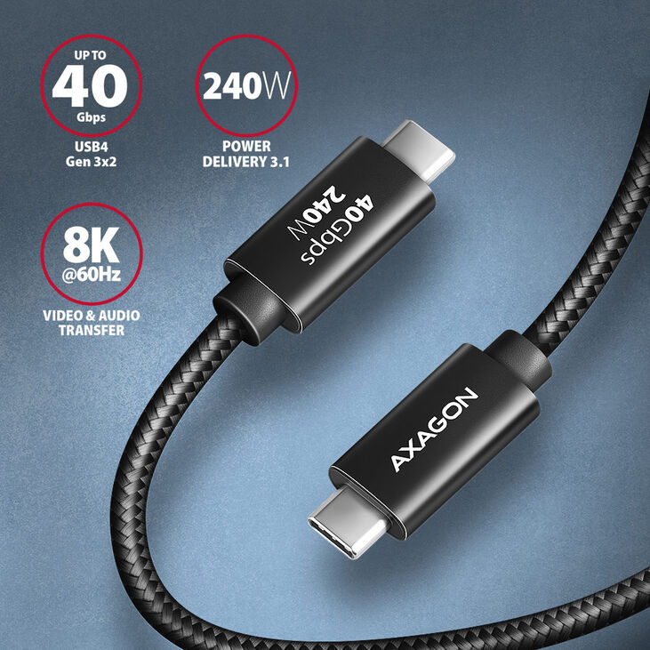 Cable de cargamento AXAGON BUCM4X-CM10AB USB-C <-> USB-C, USB4 Gen 3×2, 1m, PD 240W, 8K HD, ALU, braid, Negro image number 1