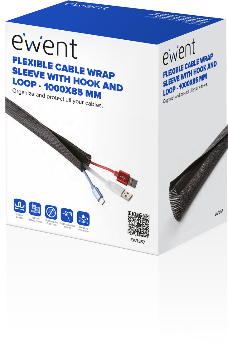 Manga Flexible Ewent EW1557 p/ Organizar Cables com Fecho 1000x85mm Preta image number 1