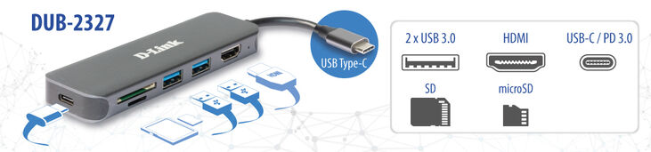 HUB USB D-Link USB-C Macho > 2 x USB 3.0 (SS) + 1 x HDMI (4K Ready) + 1 x USB-C (PD60W) + Leitor de Cartões image number 2