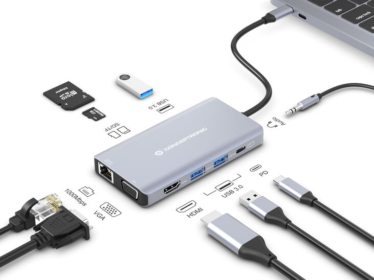 HUB USB Conceptronic 10-in-1 USB-C 3.2 > 3x USB-A 3.0 + HDMI + VGA + Gigabit + USB-C (PD100W) + Lt.Tarjetas + Áudio image number 4
