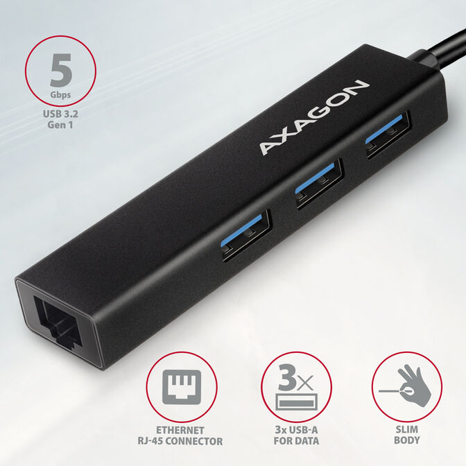 HUB USB-C AXAGON HMC-GL3A 3x USB-A + GLAN, USB 3.2 Gen 1 hub, metalico image number 1