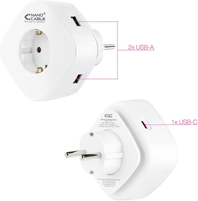 Cargador Tomas NanoCable 2 USB A / 1 USB-C y Tomas integrada image number 1