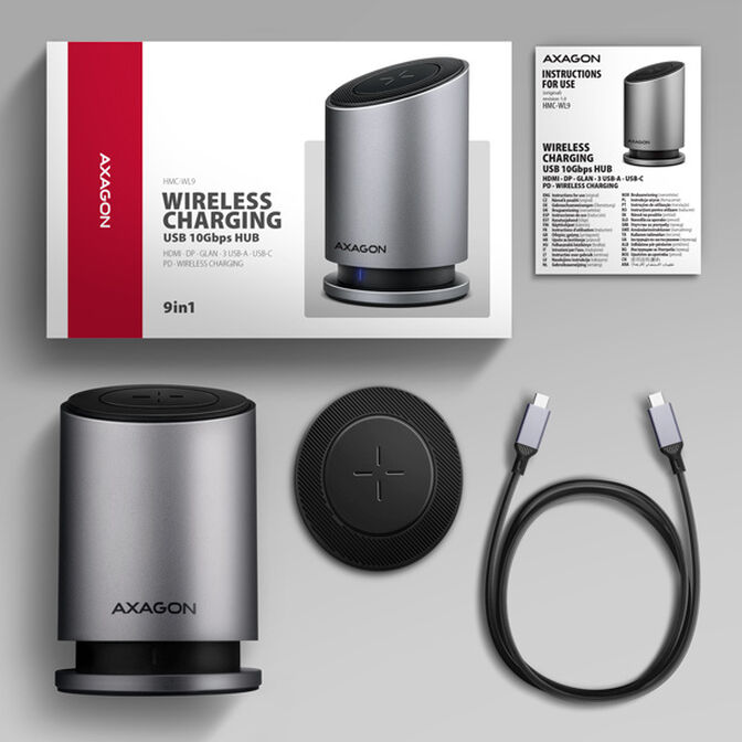 HUB AXAGON HMC-WL9 USB 10Gbps, Qi wireless charging, 3&times;USB-A, USB-C, HDMI & DisplayPort 4K/60Hz, RJ-45, PD 100W image number 5