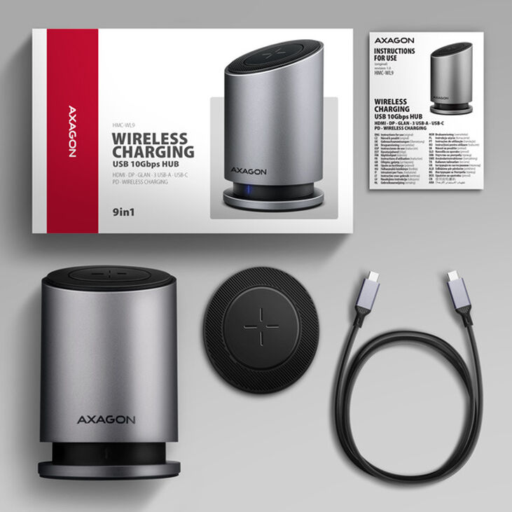 HUB AXAGON HMC-WL9 USB 10Gbps, Qi wireless charging, 3&times;USB-A, USB-C, HDMI & DisplayPort 4K/60Hz, RJ-45, PD 100W image number 5