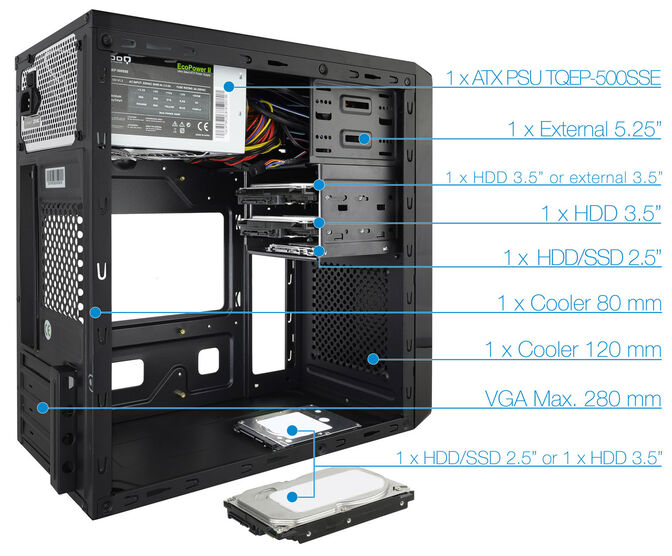 ** B Grade ** Caja Micro-ATX Tooq C/ Fuente 500W + Lector de Tarjetas + 2x USB 3.0 Negra image number 3