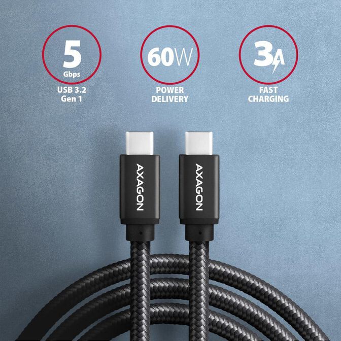 Cable de cargamento AXAGON BUCM3-CM30AB cable USB-C  <-> USB-C 3.2 Gen 1, 3m, PD 60W, 3A, ALU, braid, Negro image number 1