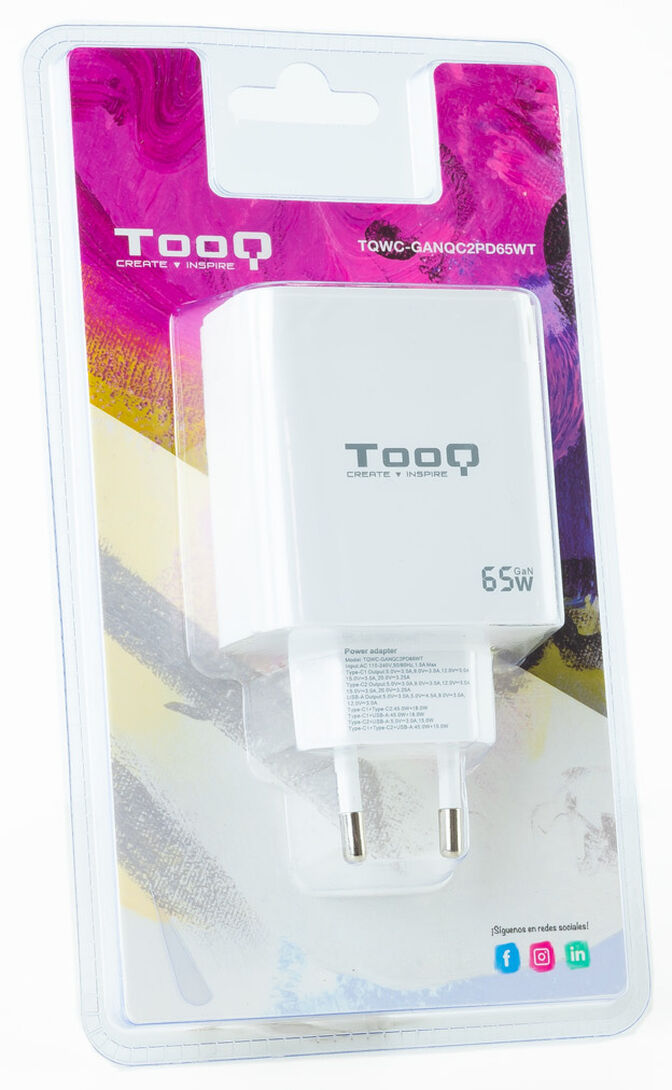Cargador GaN Tooq 2xUSB-C/PD 65W + USB-A/QC 65W image number 2