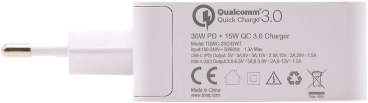 Cargador Tooq Duplo USB-C PD + USB-A QC 3.0 48W Blanco image number 2