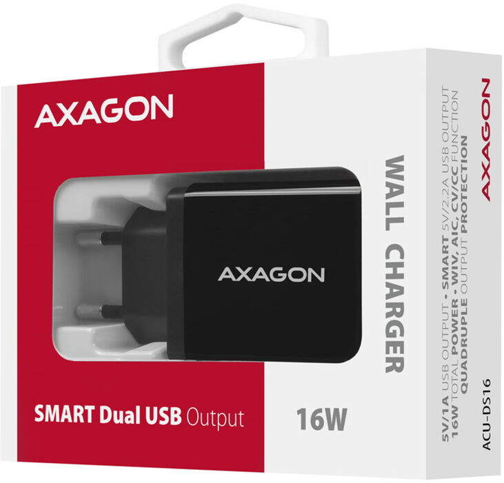 Cargador de pared AXAGON ACU-DS16  2x 5V-2.2A + 1A 16W, Negro image number 5