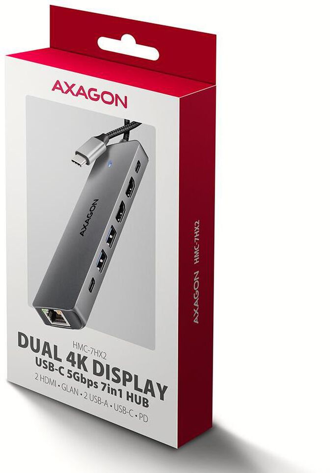 Multiport-Hub AXAGON HMC-7HX2 USB-C 3.2 Gen 1 hub, 2x USB-A + 1x USB-C, 2x HDMI 4K 60Hz, GLAN, PD 100W, 15cm USB-C cable image number 16