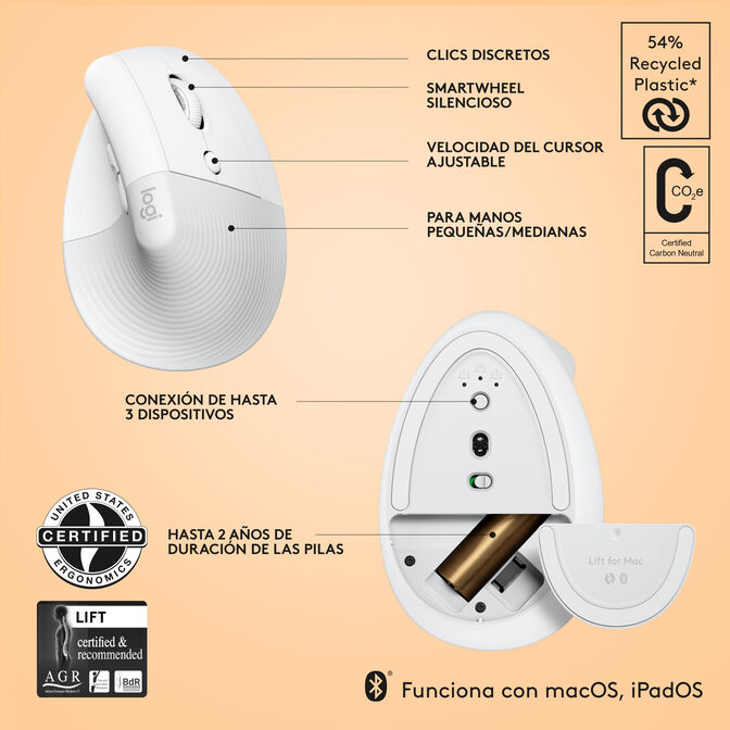 Rat&oacute;n Logitech Lift for Mac Vertical Ergonomic Wireless White image number 9