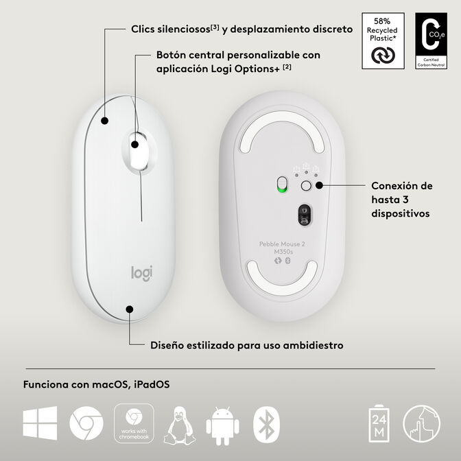 Rat&oacute;n Logitech Pebble 2 M350s Bluetooth Blanco image number 15