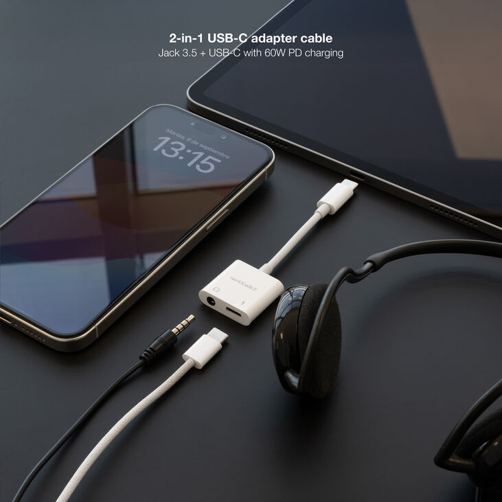 Cable Adaptador Nanocable USB-C a JACK+USB-C/H PD 60W, Blanco image number 2
