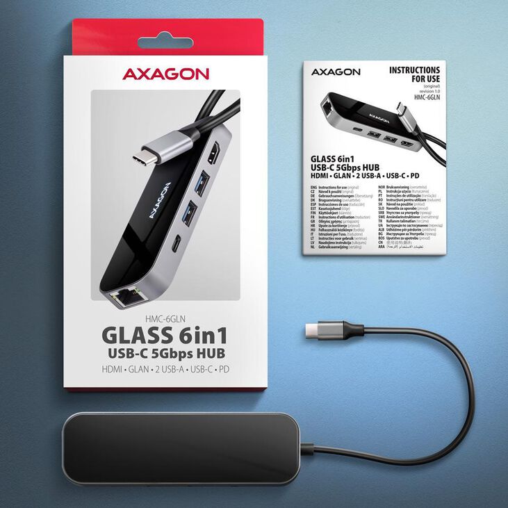 Multiport-Hub AXAGON HMC-6GLN 2x USB-A 5Gbps, 1x USB-C 5Gbps, 4K/60Hz HDMI, RJ-45, USB 3.2 Gen 1 hub, PD 100W, 20cm USB-C cable image number 12