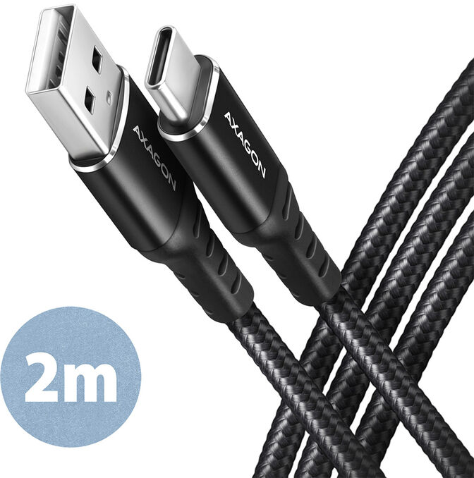 Cable de cargamento AXAGON BUCM-AM20AB USB-C  <-> USB-A, 2m, USB 2.0, 3A, ALU, braid, Negro image number 0