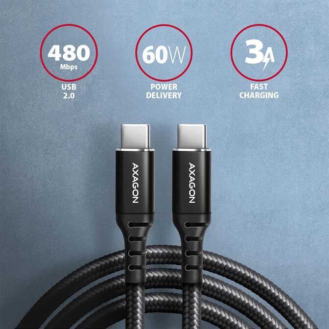 Cable de cargamento AXAGON BUCM-CM20AB cable USB-C  <-> USB-C 2.0, 2m, PD 60W, 3A, ALU, braid, Negro image number 1