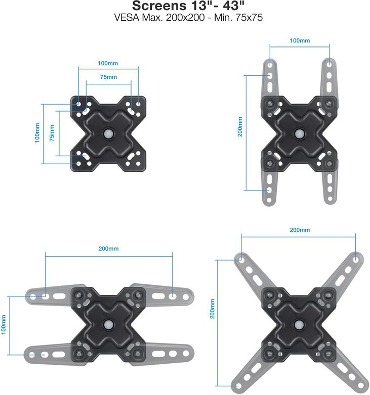 Soporte de Pared Tooq Tilt e Giratónrio 13" a 43" 66-370 mm Max. 20kg Negro image number 1