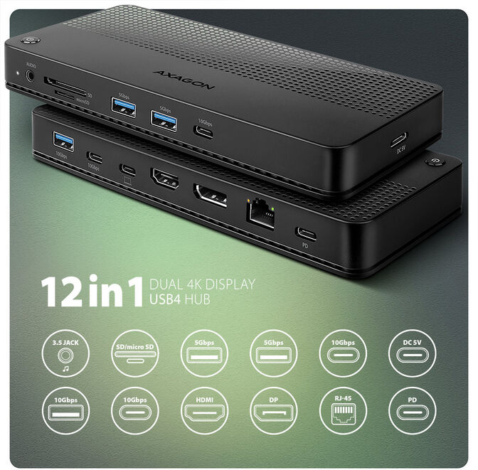 AXAGON HMC-U4 USB4 dock, 3x USB-A, 2x USB-C, HDMI & DP 8K/30Hz, RJ-45, SD/mSD, audio, PD image number 1