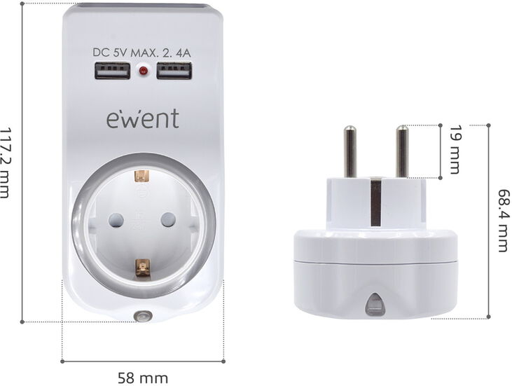 Cargador de Tomas Ewent USB 4 em 1 2.4A (12W) c/Shuko image number 2