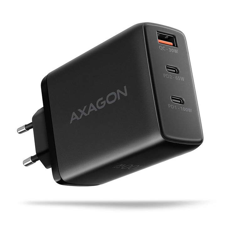 Cargador de pared AXAGON ACU-DPQ100, 3 puertas (USB + USB-C duplo), PD3.0/QC4+/PPS/Apple, 100 W, Negro image number 0