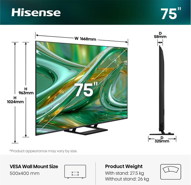 Televisor Hisense 75E8S 75" QLED UltraHD 4K VIDAA image number 1