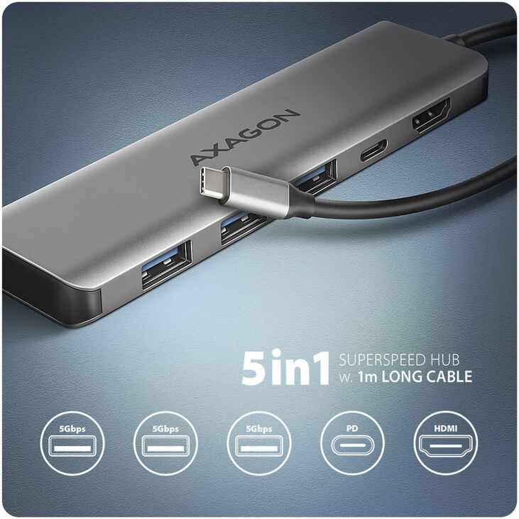 HUB USB-C AXAGON HMC-5H USB-C 3.2 Gen 1 hub, 3x USB-A, 4K HDMI, PD 100W image number 1