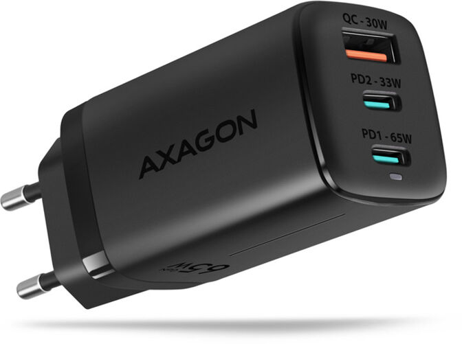 AXAGON ACU-DPQ65 Cargador de Pared, 3 puertas (USB + Dual USB-C), PD3.0/QC4+/PPS/Apple, 65 W, Negro image number 0