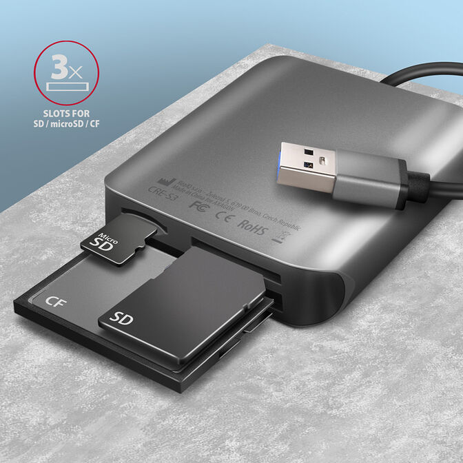 Lector de tarjetas externo AXAGON CRE-S3 External USB-A 3.2 Gen 1, 3-slot & lun SD/microSD/CF, UHS-II image number 2
