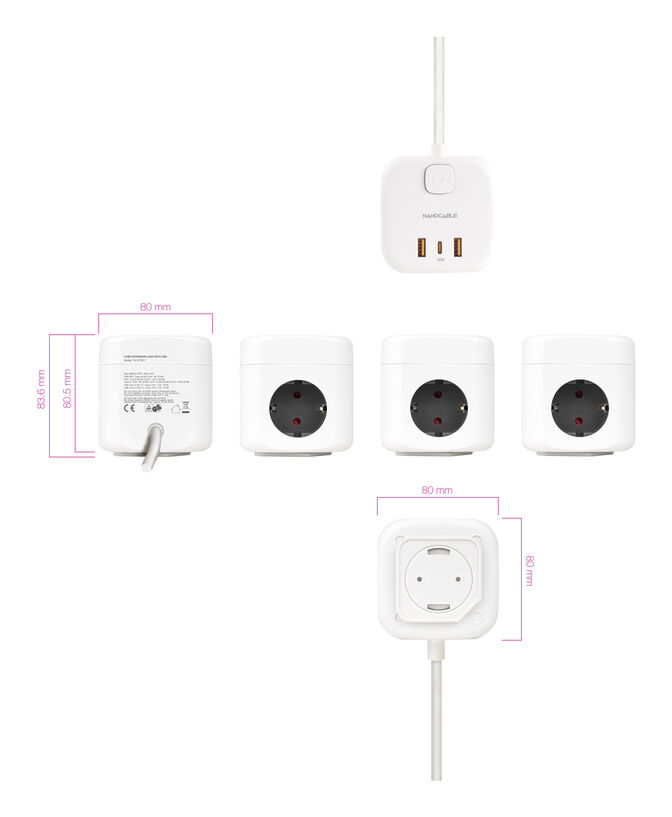 Cubo Nanocable con 3 Tomas y 3 USB con interruptor Blanco image number 3
