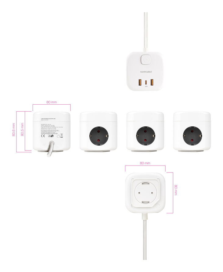 Cubo Nanocable con 3 Tomas y 3 USB con interruptor Blanco image number 3