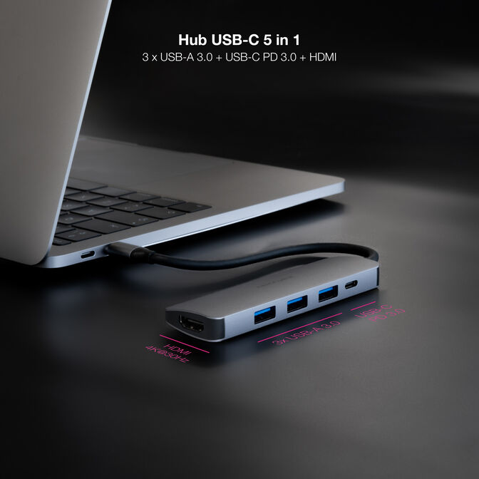 Hub Nanocable USB-C 3xUSB-A+USB-C CARGA+HDMI, Gris 18 CM image number 2