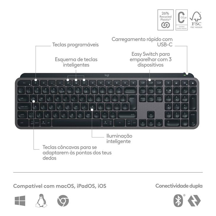 Teclado Logitech MX Keys S Bluetooth (PT) Graphite image number 1