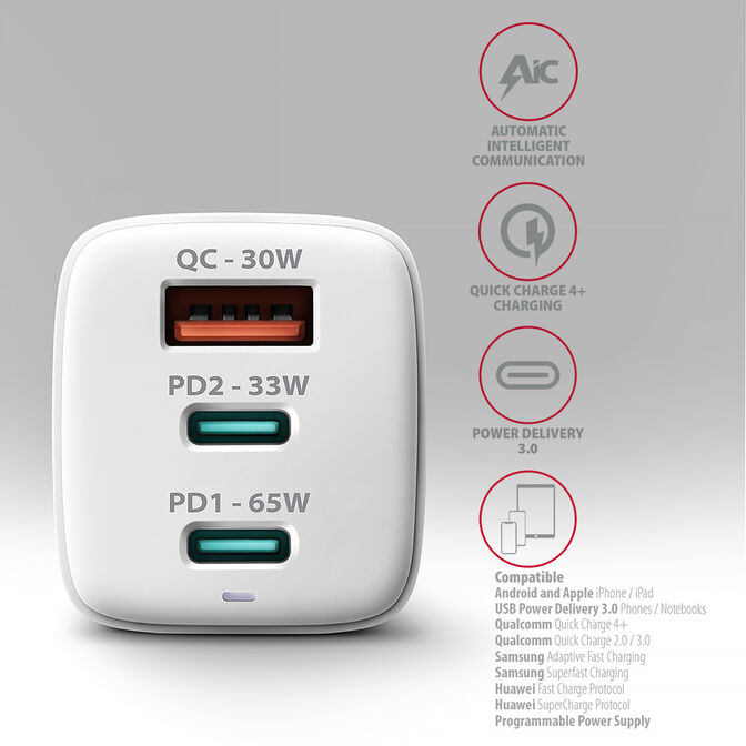 Cargador de pared AXAGON ACU-DPQ65, 3 puertas (USB + USB-C duplo), PD3.0/QC4+/PPS/Apple, 65 W, Blanco image number 2