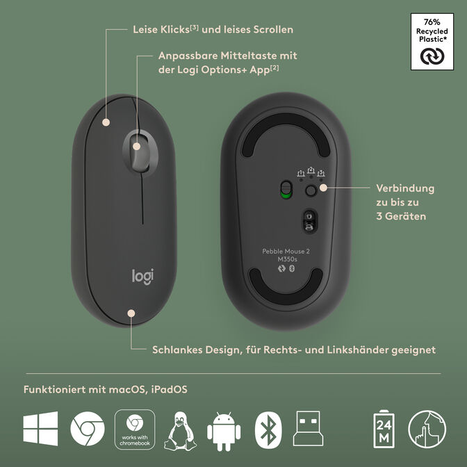 Rato Logitech Pebble 2 M350s 4000DPI Wireless/Bluetooth Grafite image number 21