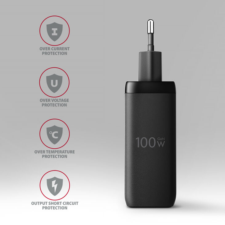 Cargador de pared AXAGON ACU-DPQ100, 3 puertas (USB + USB-C duplo), PD3.0/QC4+/PPS/Apple, 100 W, Negro image number 3