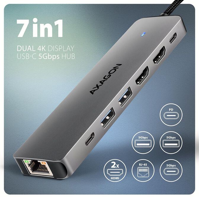 Multiport-Hub AXAGON HMC-7HX2 USB-C 3.2 Gen 1 hub, 2x USB-A + 1x USB-C, 2x HDMI 4K 60Hz, GLAN, PD 100W, 15cm USB-C cable image number 3