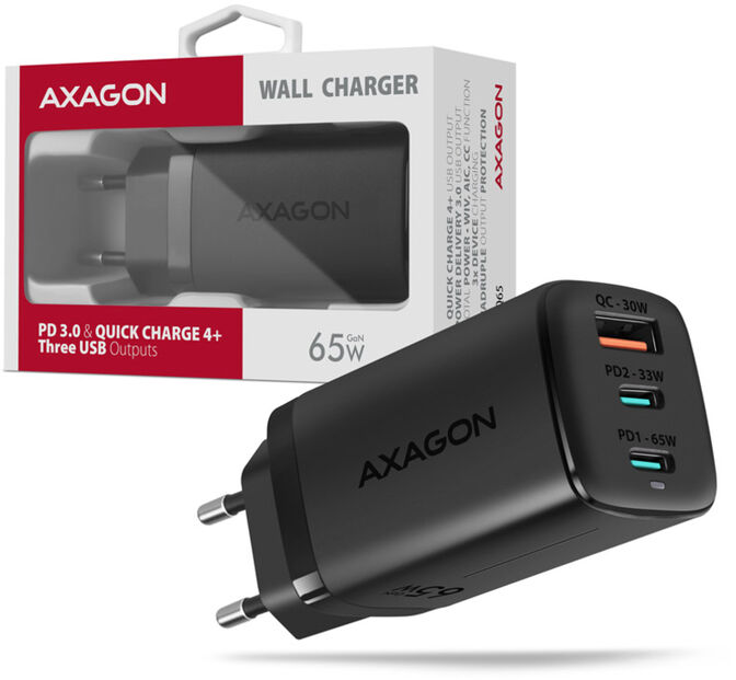 AXAGON ACU-DPQ65 Cargador de Pared, 3 puertas (USB + Dual USB-C), PD3.0/QC4+/PPS/Apple, 65 W, Negro image number 3