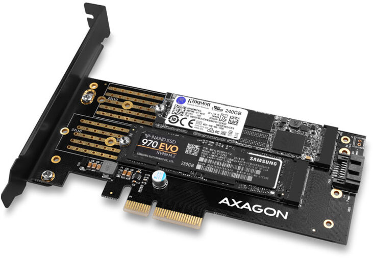 Adaptador AXAGON PCEM2-D PCIe-3.0, 1x M.2-NVMe, 1x M.2-SATA con refrigerador pasivo image number 2